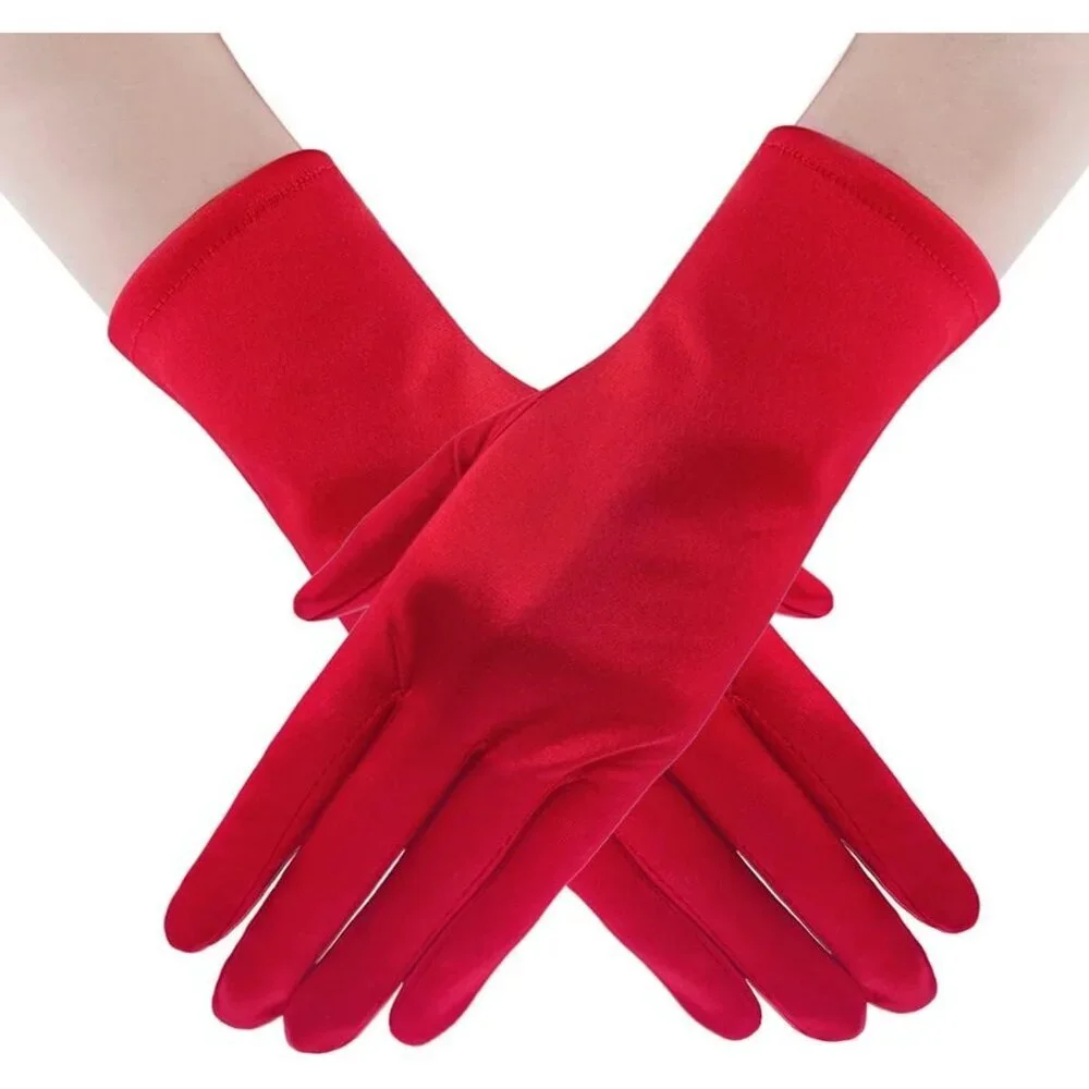 Women's Red Short Satin Gloves Stretchy Fabric Formal Wedding Party Tea Prom